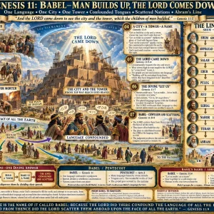 Tower of Babel Bible chart on Genesis 11 featuring Babel’s rebellion, God confounding tongues, world scattering, and Shem’s line to Abram.