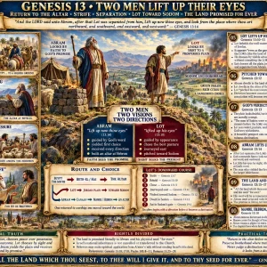 Abram and Lot Genesis 13 chart featuring Beth-el, Jordan plain, Sodom, Hebron, faith versus sight, separation, and the promised land.