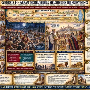 Abram and Melchizedek Genesis 14 chart featuring Lot’s rescue, 318 servants, king of Salem, King of righteousness, tithes, and king of Sodom.