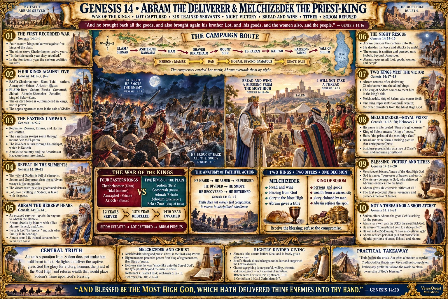 Genesis 14 – Abram the Deliverer and Melchizedek the Priest-King: War of the Kings, Lot Rescued, Bread and Wine, Tithes, and Sodom Refused (KJV Bible Study Chart)