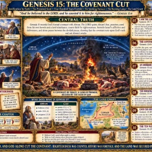 Covenant with Abram Genesis 15 chart featuring stars, justification by faith, divided sacrifices, 400 years, Amorites, and promised land.