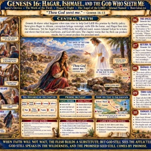 Hagar and Ishmael Genesis 16 chart featuring Sarai’s plan, wilderness flight, Angel of the LORD, Shur, Beer-lahai-roi, and God who sees.