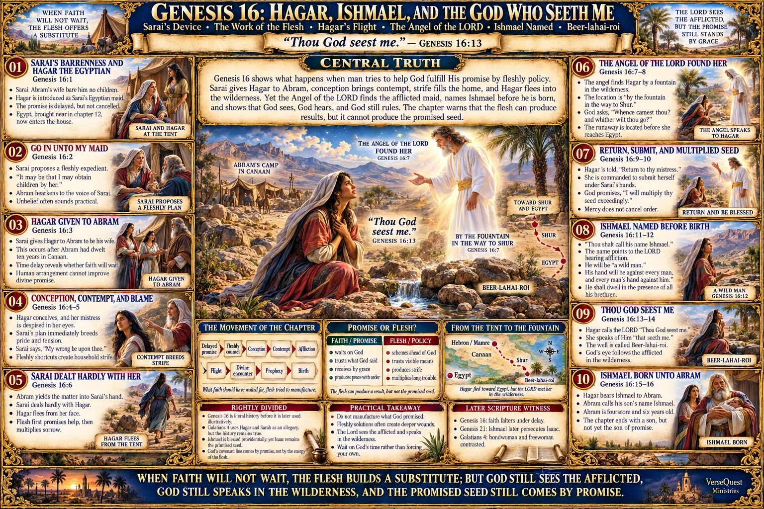 Genesis 16 – Hagar, Ishmael, and the God Who Seeth Me: Sarai’s Device, the Work of the Flesh, the Angel of the LORD, and Beer-lahai-roi (KJV Bible Study Chart)