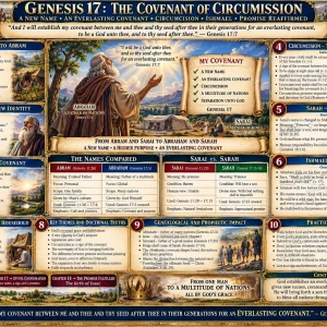 Abrahamic covenant Genesis 17 chart featuring circumcision, Abraham, Sarah, Isaac, Ishmael, twelve princes, and the promised land.
