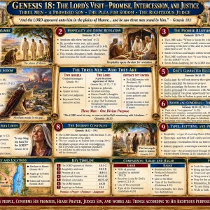 Abraham and Sodom Genesis 18 chart featuring the three men, Sarah laughing, Isaac promised, intercessory prayer, and Judge of all the earth.