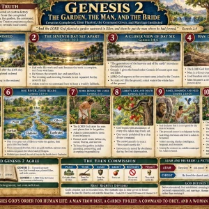 Genesis 2 Eden Adam and Eve chart explaining the tree of life, four rivers, work, obedience, creation of woman, and one-flesh marriage.