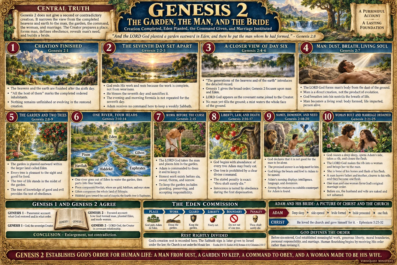 Genesis 2 – The Garden, the Man, and the Bride: Eden, Adam, God’s Command, Work, Marriage, and the Seventh Day (KJV Bible Study Chart)