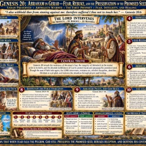 Abraham and Abimelech Genesis 20 chart featuring Sarah preserved, fear and half-truth, first prophet, divine restraint, restitution, and healing.