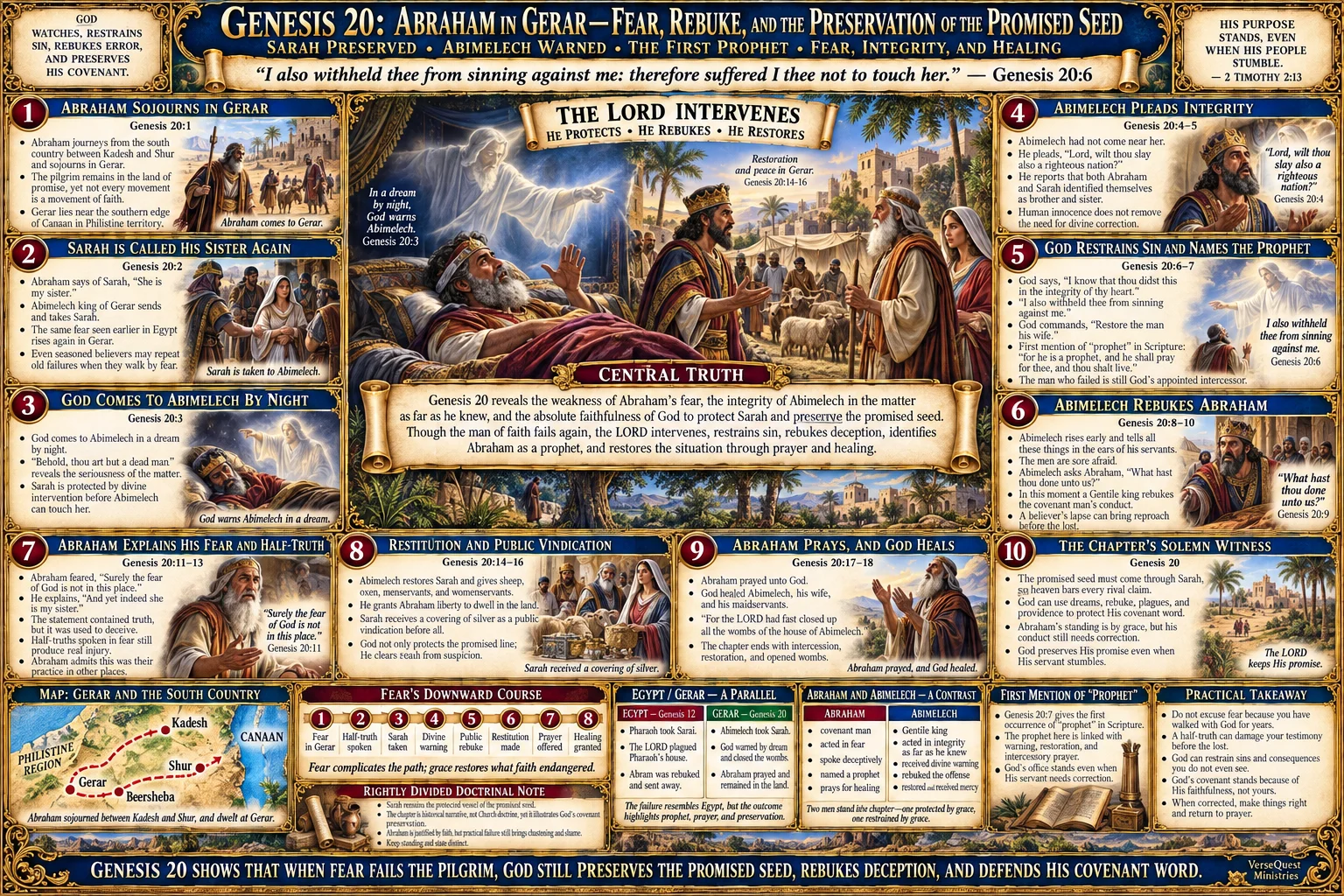 Genesis 20 – Abraham in Gerar: Fear, Abimelech’s Rebuke, the First Prophet, Sarah Preserved, and the Promised Seed Protected (KJV Bible Study Chart)