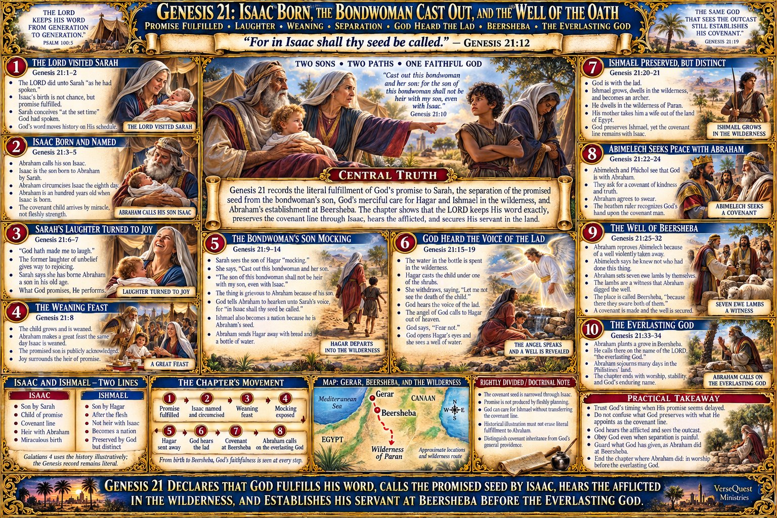 Genesis 21 – Isaac Born, the Bondwoman Cast Out, and the Well of the Oath: Promise Fulfilled, Ishmael Preserved, and Beersheba Established (KJV Bible Study Chart)