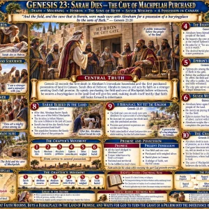 Abraham and Sarah Genesis 23 chart featuring Hebron, sons of Heth, Ephron, the field and cave of Machpelah, and a burial possession in Canaan.