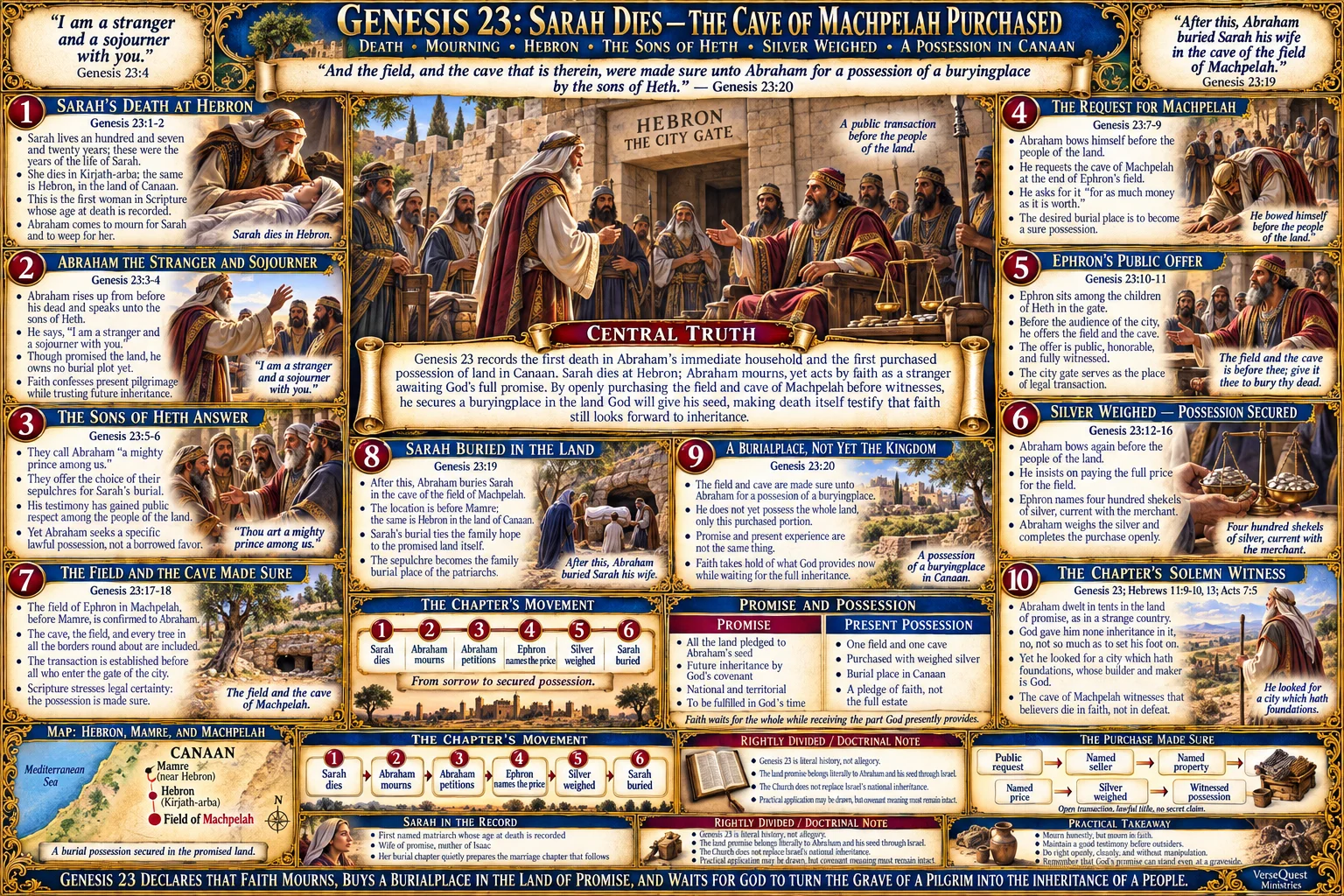 Genesis 23 – Sarah Dies and the Cave of Machpelah Is Purchased: Abraham the Stranger, Hebron, Four Hundred Shekels, and a Possession in Canaan (KJV Bible Study Chart)