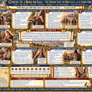 Isaac and Rebekah Genesis 24 chart featuring the well, Abraham’s servant, answered prayer, I will go, the journey home, and Isaac receiving Rebekah.