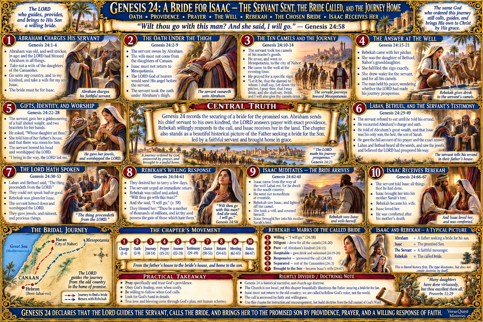 Genesis 24 – A Bride for Isaac: Abraham’s Servant, Providential Prayer, Rebekah’s Call, and the Journey Home (KJV Bible Study Chart)