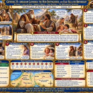 Jacob and Esau Genesis 25 chart featuring Isaac, Rebekah, two nations in the womb, Ishmael’s princes, red pottage, and the despised birthright.