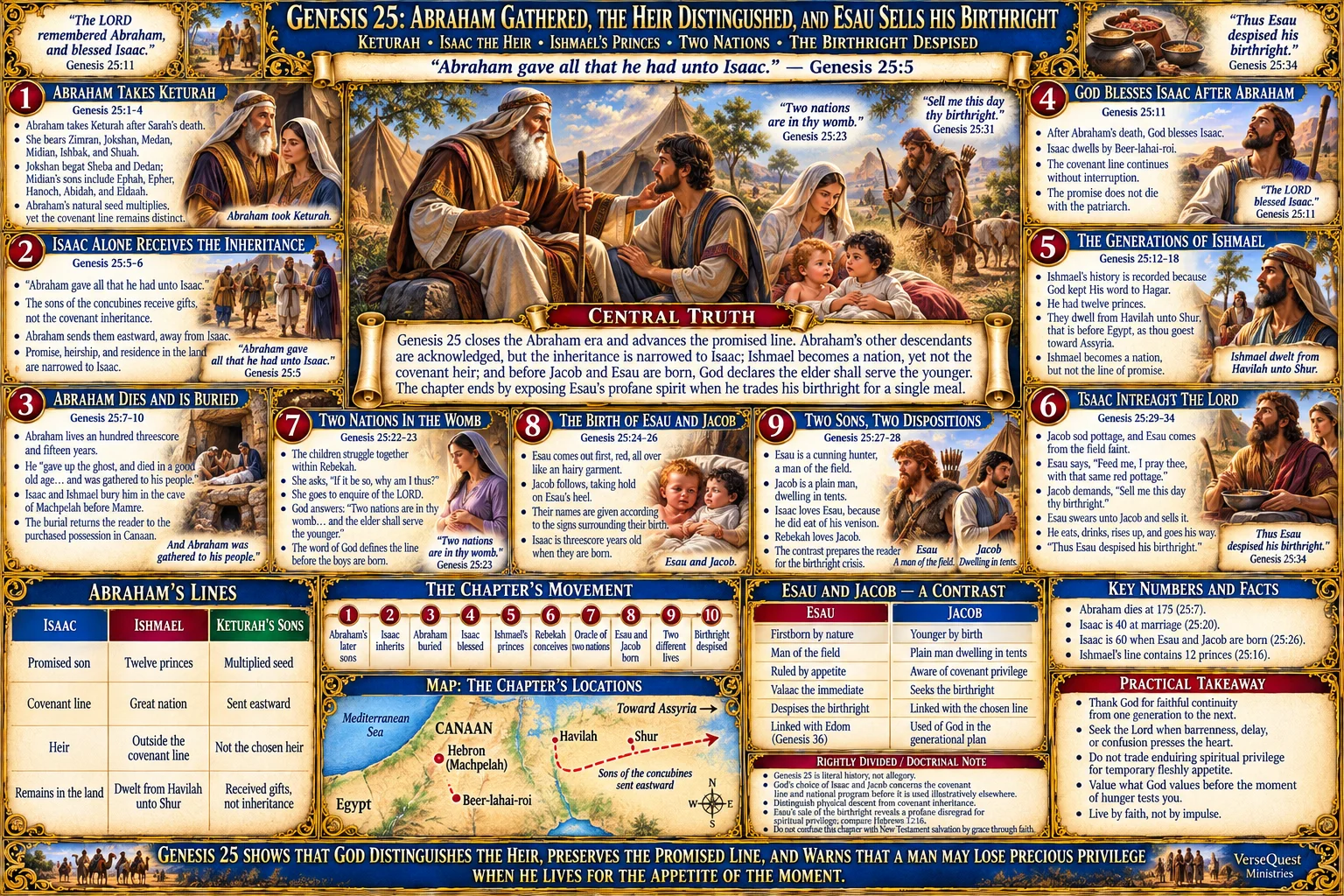 Genesis 25 – Abraham Gathered, Isaac the Heir, Two Nations in Rebekah, and Esau Sells His Birthright (KJV Bible Study Chart)