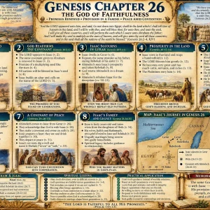 Isaac and the wells Genesis 26 chart featuring Rebekah, Gerar, Philistines, contention, Rehoboth, altar, Beersheba, and covenant promises.
