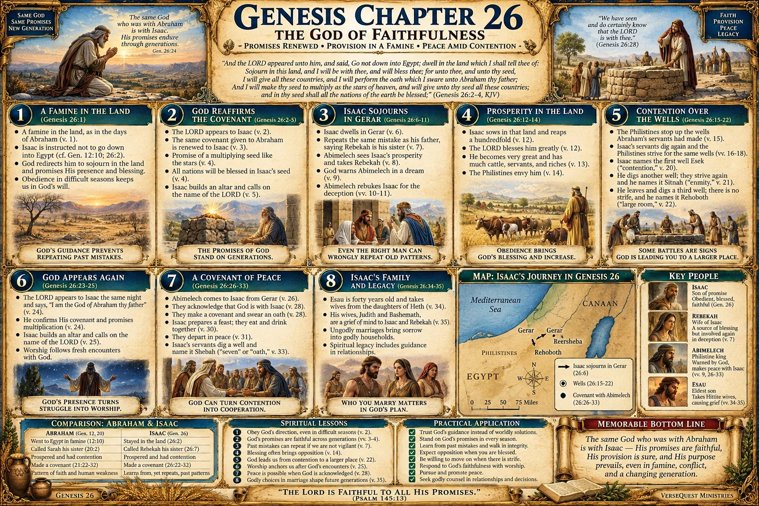 Genesis 26 – The God of Faithfulness: Isaac in Gerar, the Reopened Wells, Rehoboth, Beersheba, and the Covenant Renewed (KJV Bible Study Chart)