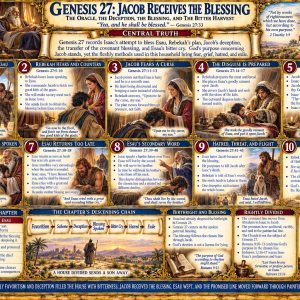 Jacob and Esau Genesis 27 chart featuring Isaac, Rebekah, the disguise, covenant blessing, Esau weeping, hatred, and Jacob sent to Haran.