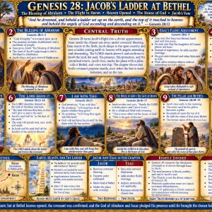 Jacob at Bethel Genesis 28 chart featuring the house of God, gate of heaven, ladder to heaven, covenant blessing, pillar, and vow.