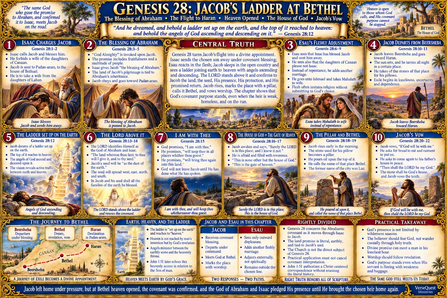 Genesis 28 – Jacob’s Ladder at Bethel: The Blessing of Abraham, Heaven Opened, the House of God, and Jacob’s Vow (KJV Bible Study Chart)