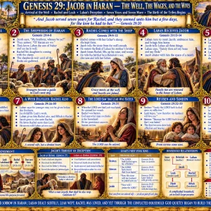 Jacob Rachel and Leah Genesis 29 chart featuring Laban, Haran, wedding deception, fourteen years of service, Reuben, Simeon, Levi, and Judah.