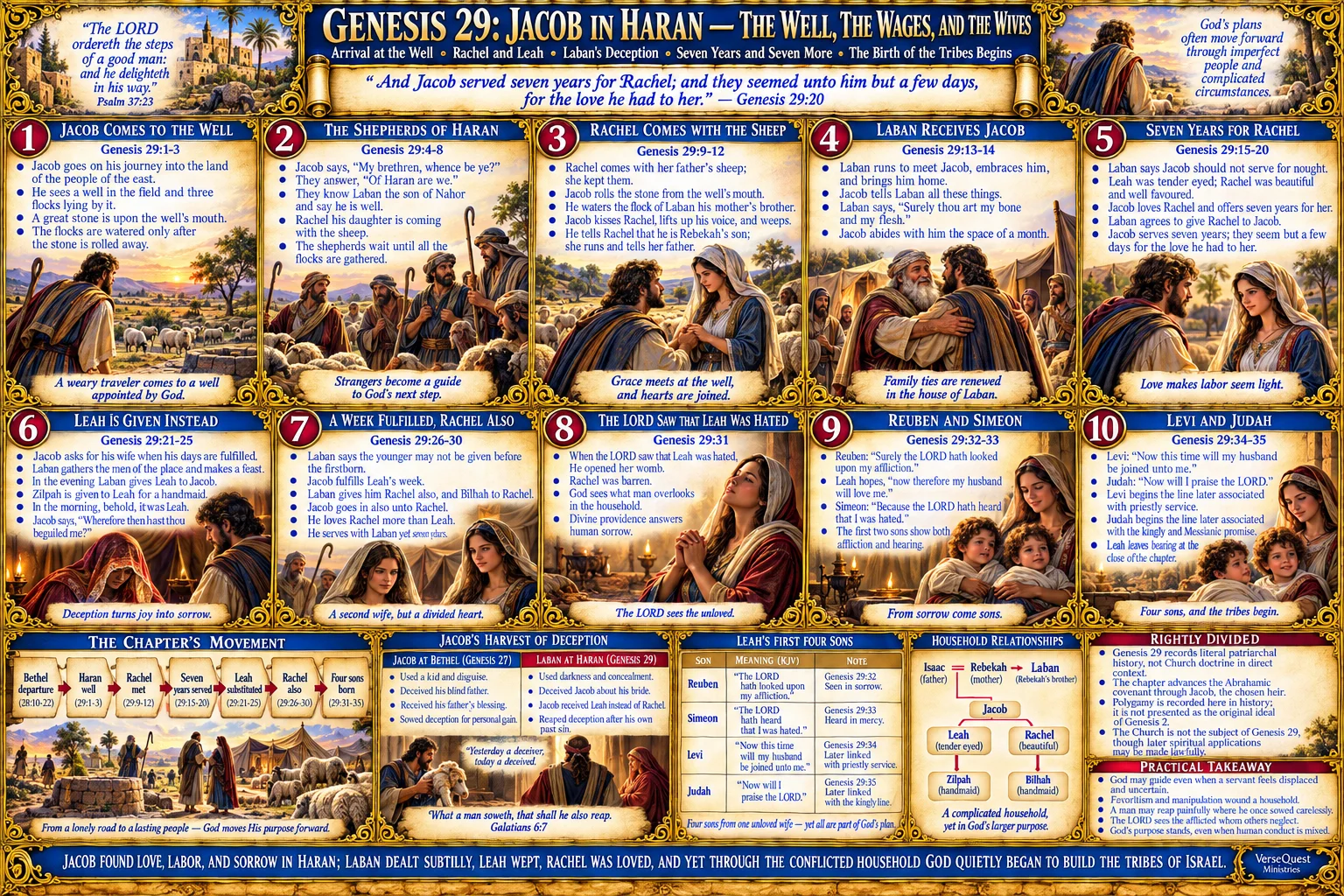 Genesis 29 – Jacob in Haran: Rachel and Leah, Laban’s Deception, Fourteen Years of Service, and the Birth of the Tribes Begins (KJV Bible Study Chart)