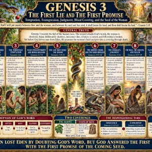 Genesis 3 Fall of man chart explaining the serpent, two seeds, Seed of the woman, fig leaves, coats of skins, curse, death, and guarded Eden.