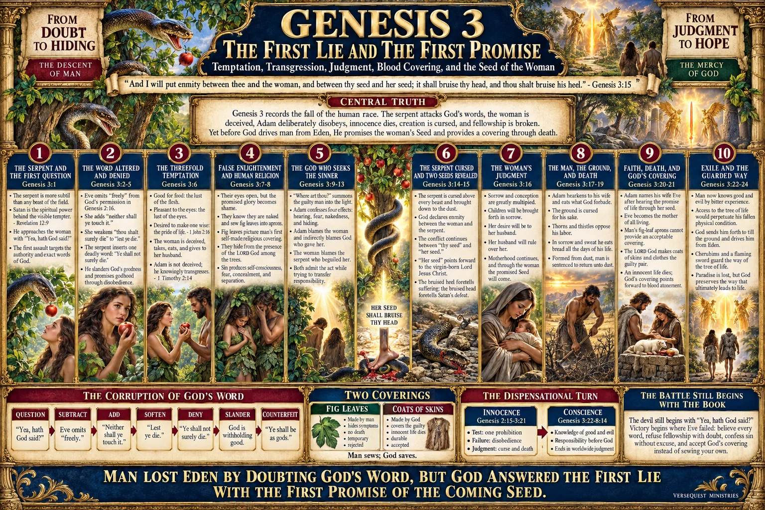 Genesis 3 – The First Lie and the First Promise: The Fall, the Serpent, the Two Seeds, God’s Judgment, and the Coming Seed of the Woman (KJV Bible Study Chart)