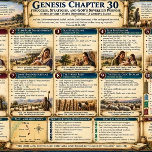 Jacob family Genesis 30 chart featuring Rachel and Leah, Dan, Naphtali, Gad, Asher, Issachar, Zebulun, Joseph, and Laban’s flocks.