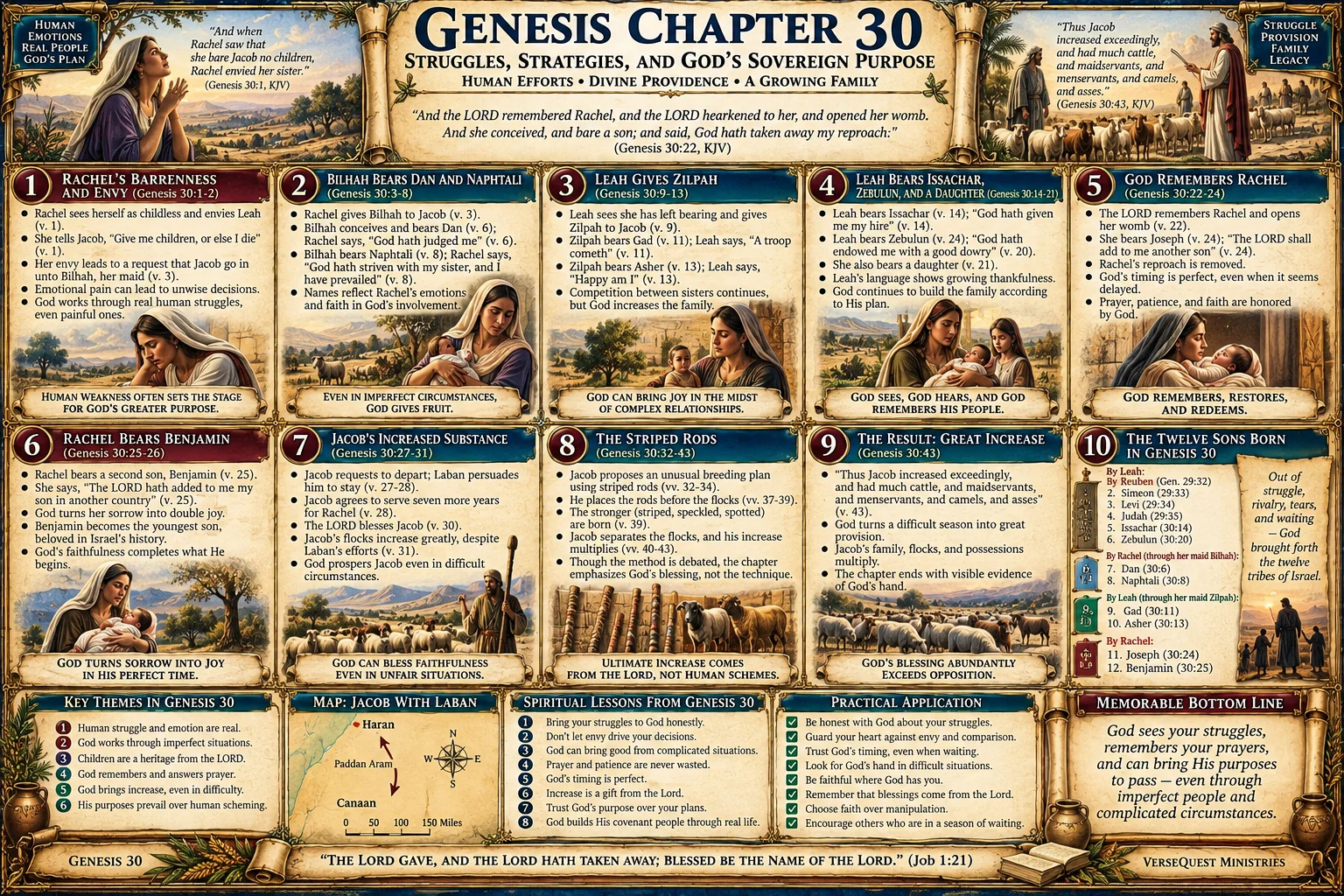 Genesis 30 – Jacob’s Growing Family and Flocks: Rachel and Leah, Joseph’s Birth, Laban’s Wages, and God’s Providence (KJV Bible Study Chart)