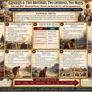 Cain and Abel Bible chart explaining Abel’s better sacrifice, the way of Cain, first murder, fugitive punishment, Cainite city, and Seth’s line.