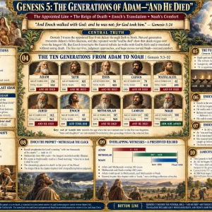 Adam to Noah genealogy chart explaining Genesis 5 lifespans, Enoch walking with God, Methuselah’s 969 years, and Noah’s name.