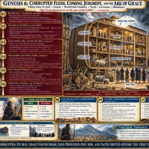 Noah’s ark Genesis 6 chart explaining sons of God, Nephilim, 120 years, Flood judgment, grace, gopher wood, and eight souls.