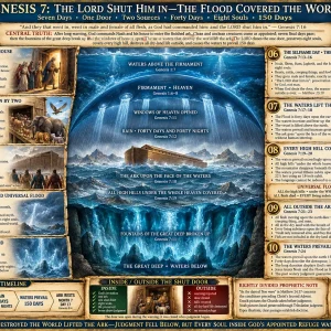 Genesis Flood chronology chart showing one ark door, eight souls, forty days of rain, all high hills covered, and waters prevailing 150 days.