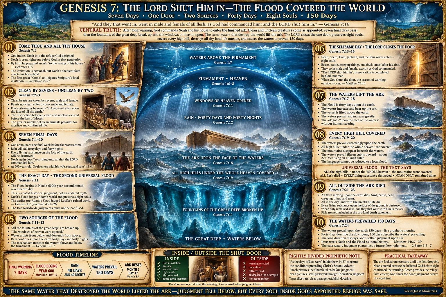 Genesis 7 – The LORD Shut Him In: Noah’s Ark, the Worldwide Flood, Forty Days of Rain, Eight Souls, and 150 Days of Prevailing Waters (KJV Bible Study Chart)
