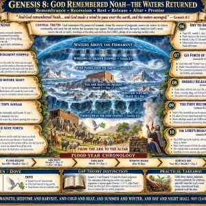 Noah Genesis 8 Flood chronology chart showing Ararat, mountain tops, raven, dove with olive leaf, dry earth, and burnt offering.