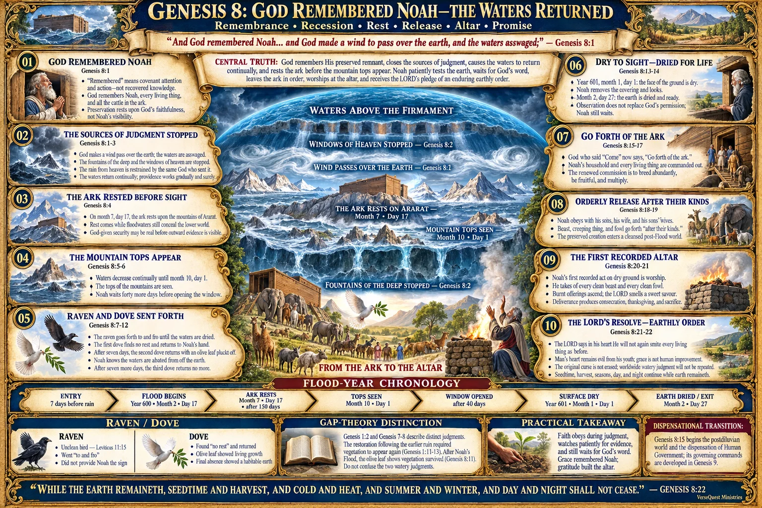 Genesis 8 – God Remembered Noah: The Waters Receded, the Ark Rested, the Dove Returned, and Noah Built an Altar (KJV Bible Study Chart)
