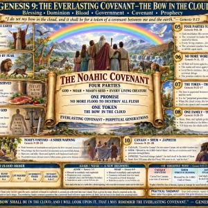 Noahic covenant Genesis 9 chart explaining the rainbow, no more worldwide Flood, blood, image of God, Canaan, Shem, and Japheth.