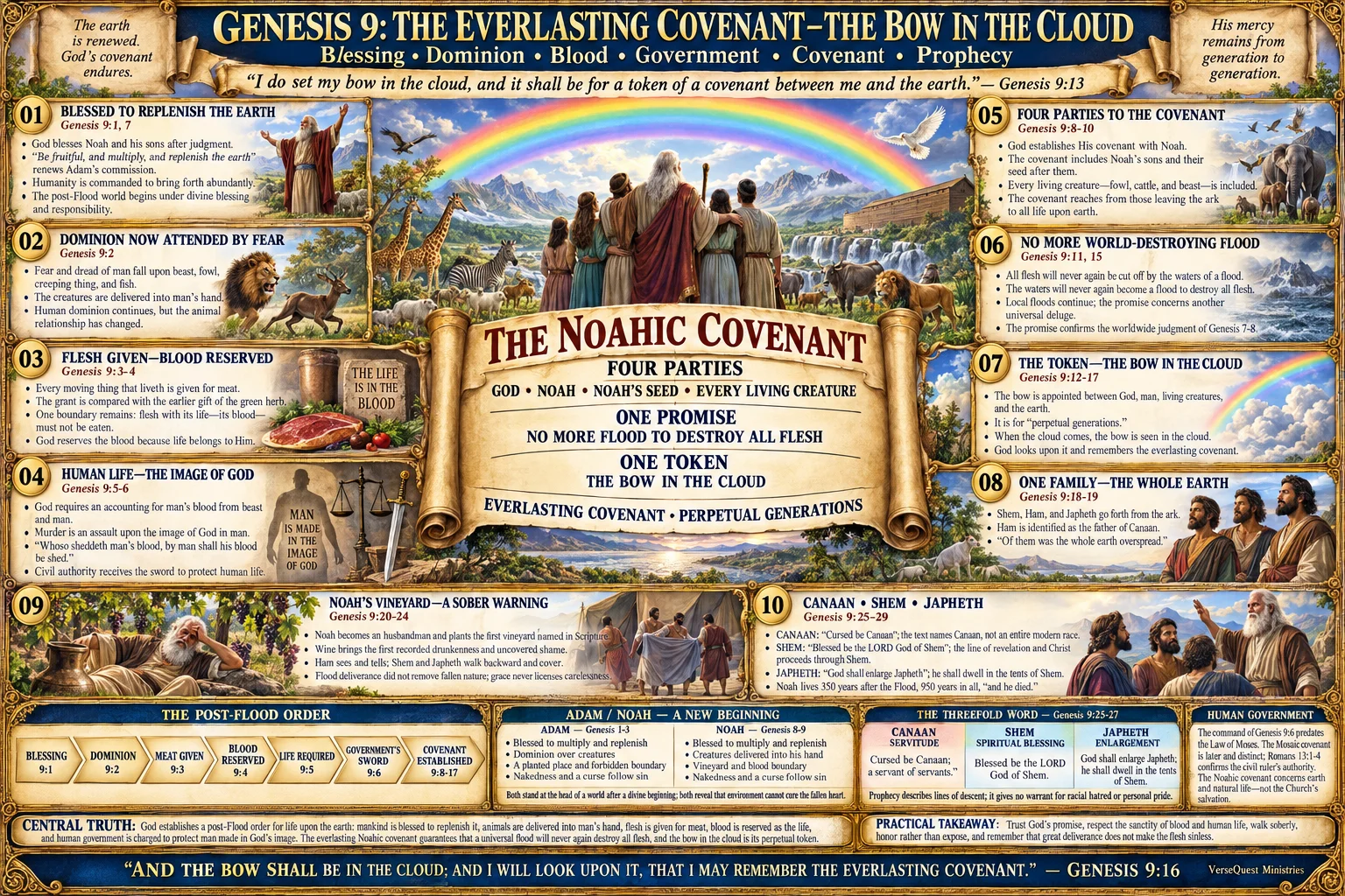 Genesis 9 – The Everlasting Noahic Covenant: The Bow in the Cloud, Blood, Human Government, Noah’s Vineyard, and the Prophecy of His Sons (KJV Bible Study Chart)