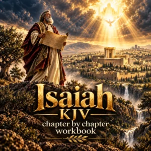 Isaiah KJV Chapter-by-Chapter Workbook cover with prophet holding scroll above Jerusalem beneath dramatic heavenly light.
