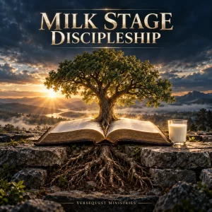Milk Stage Discipleship KJV book cover with an open Bible, growing tree, deep roots, and a glass of milk.