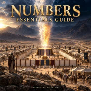 Numbers Essentials Guide cover showing Israel’s camp around the Tabernacle beneath the pillar of cloud and fire.