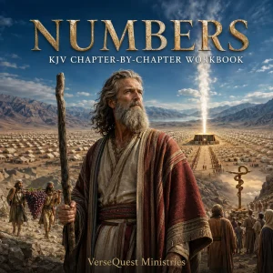 Numbers KJV workbook cover with Moses, Israel’s wilderness camp, the tabernacle, spies, and the brass serpent.
