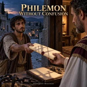 Philemon Without Confusion KJV commentary featuring Paul, Onesimus, and Philemon in a cinematic biblical scene.