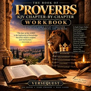 Proverbs KJV Chapter-by-Chapter Workbook with lion, crown, open Bible, wisdom books, and ancient city background.