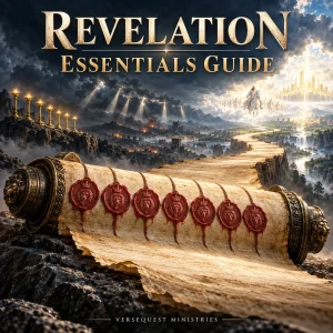 Revelation Essentials Guide cover with a seven-sealed scroll, lampstands, Christ returning, and New Jerusalem.