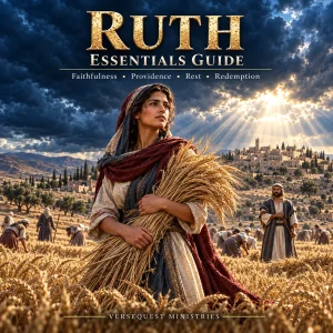 Ruth Essentials Guide KJV study showing Ruth holding barley in a Bethlehem harvest field beneath dramatic light.