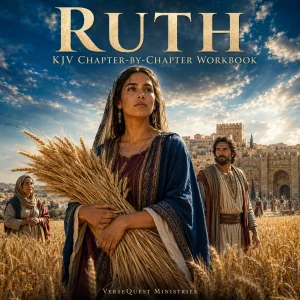 Ruth KJV chapter-by-chapter workbook cover with Ruth holding barley, Boaz, Naomi, and Bethlehem in the background.