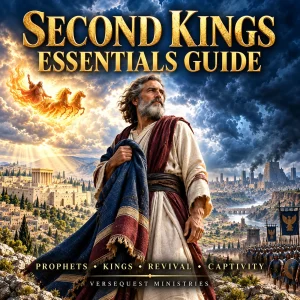 Second Kings Essentials Guide featuring Elisha, a fiery chariot, Jerusalem, and an invading army